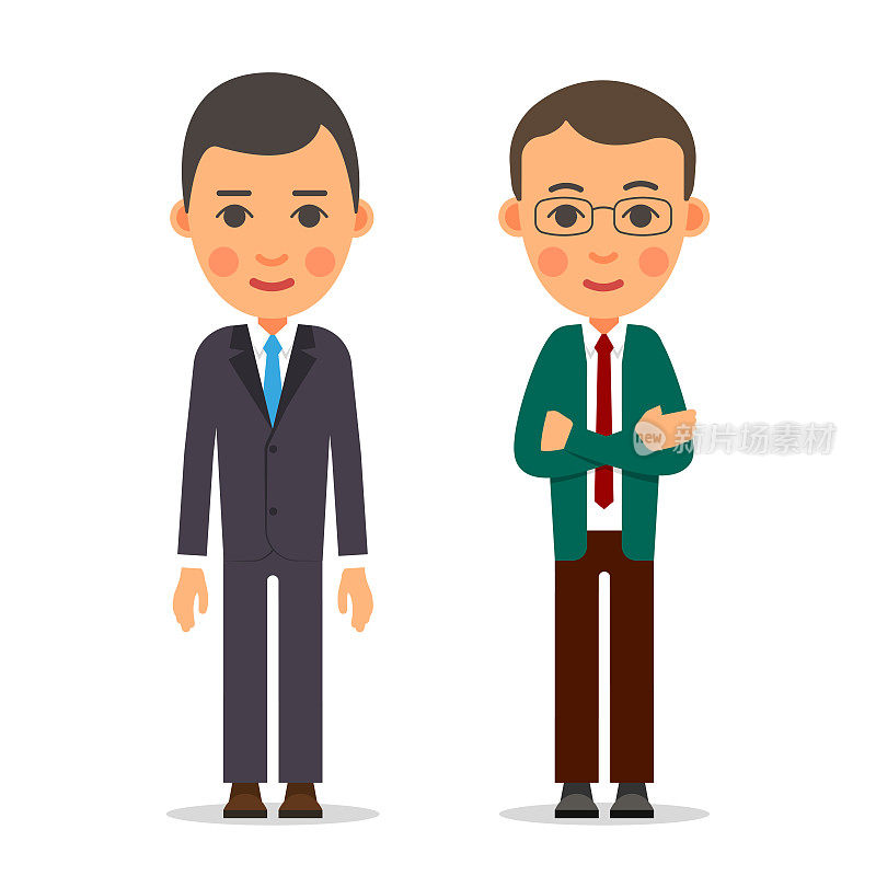 Young business man. Businessman stands with downcast hands and manager standing with folded arms. Dark suit, shirt, blue and red tie. Illustration in flat style